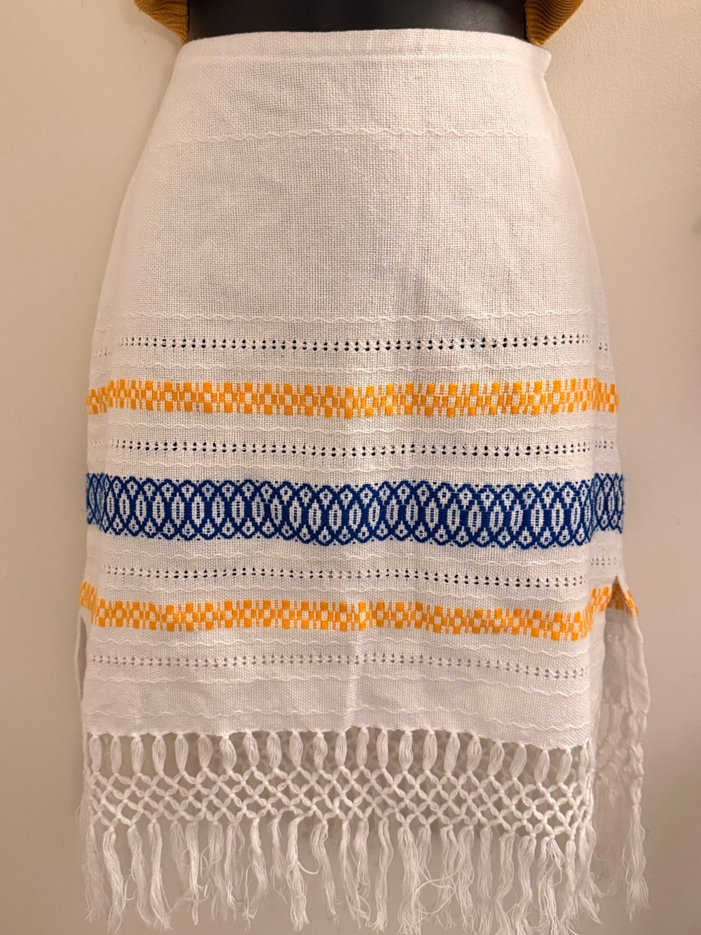 White 100-% Silk  Skirt with Blue and Yellow Embroidered Stripes and Fringe